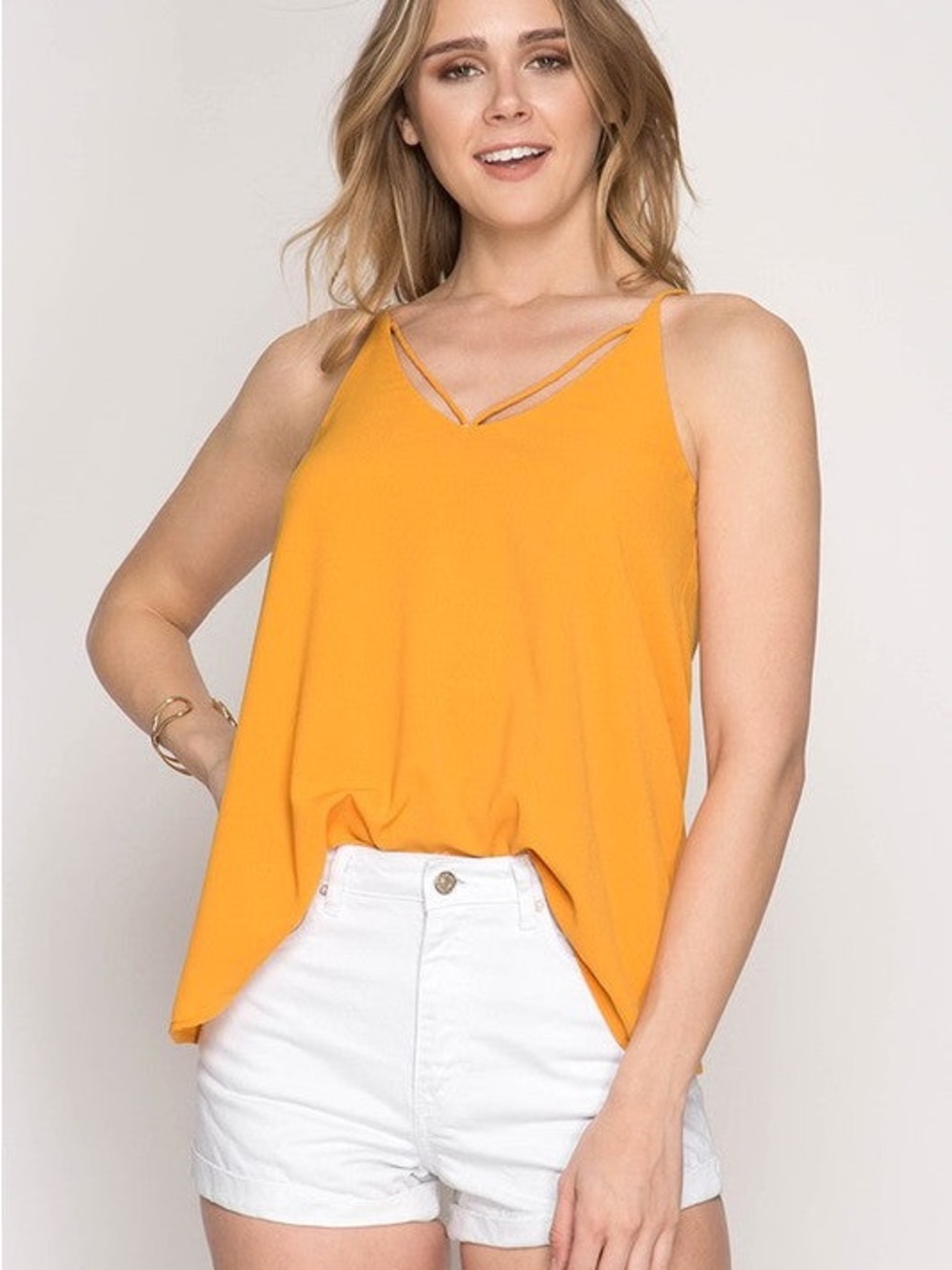 She + Sky Double-Strap V-Neck Cami in Mustard